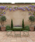 Outdoor garden setting with wisteria, chairs, and a table on a stone patio.