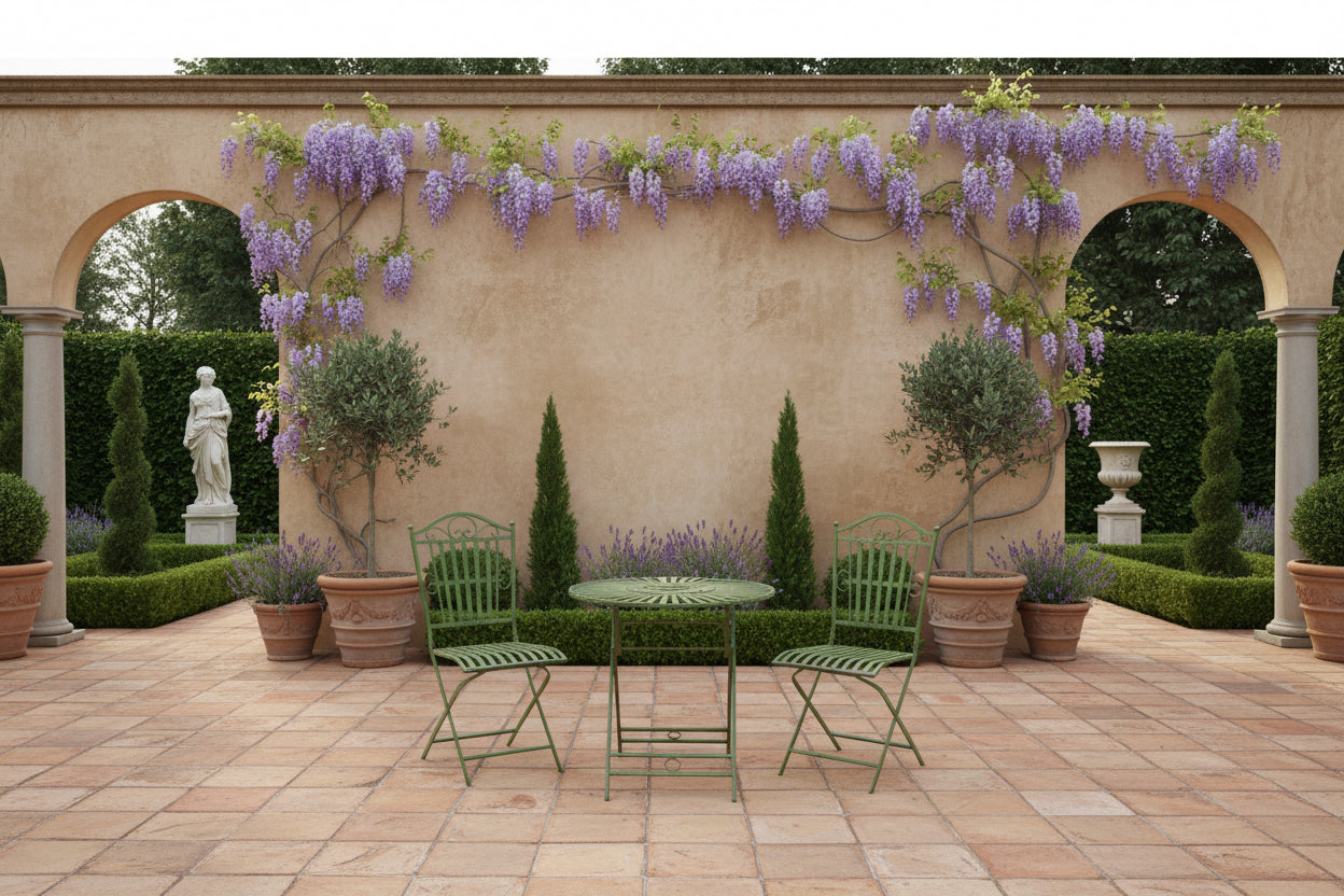 Outdoor garden setting with wisteria, chairs, and a table on a stone patio.
