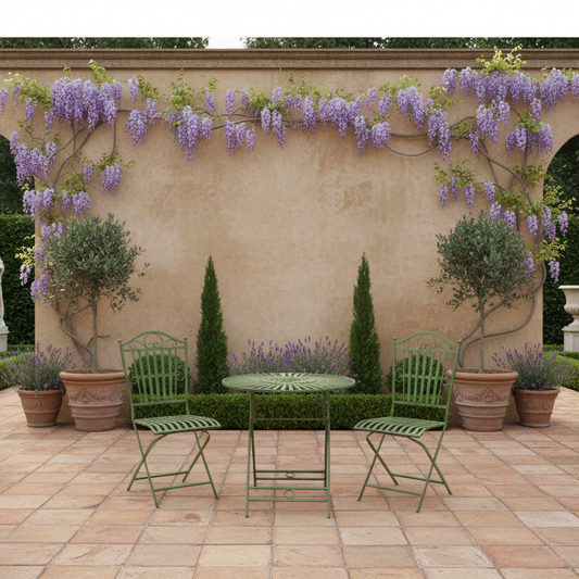 Outdoor patio setting with green chairs and table against a wall with wisteria