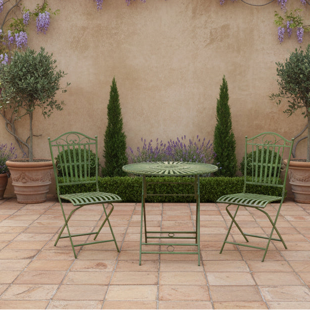 Green outdoor furniture set with table and chairs on a patio with decorative plants and wall.