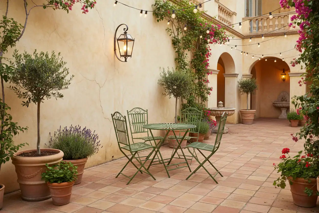 Outdoor patio with green chairs, table, and potted plants in a courtyard setting.
