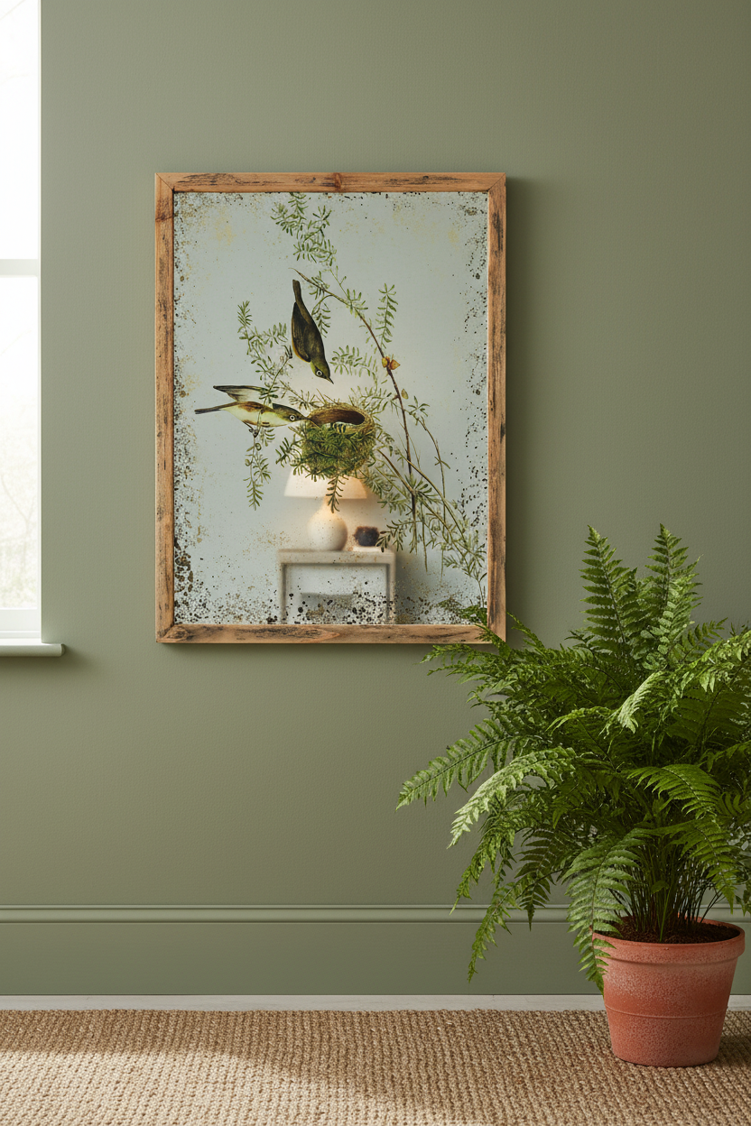 Framed artwork of birds and nature on a wall with a potted fern below.
