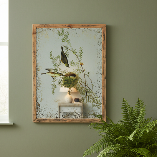Framed artwork of birds and foliage on a green wall with a plant in the foreground.
