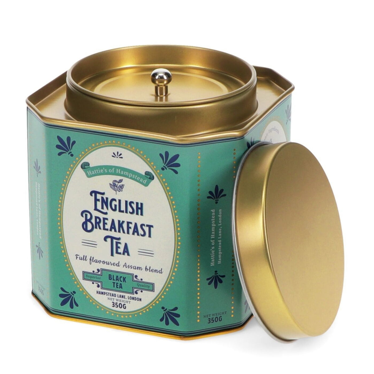 A hexagonal metal tea tin with a gold lid and teal label, shown open with the lid leaning against it on a white background. The label reads 'English Breakfast Tea' and 'Black Tea'.