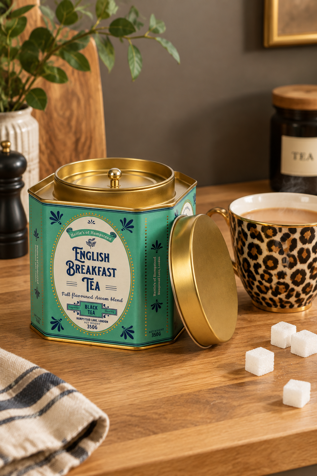 A teal and gold metal tin of English Breakfast Tea sits on a wooden table next to a leopard-print mug filled with tea, with sugar cubes, a plant, and kitchen props in the background.
