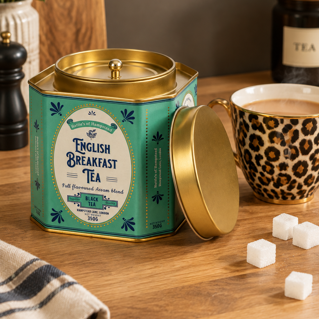 A teal and gold hexagonal metal tea tin labeled English Breakfast Tea, shown on a wooden table beside a leopard-print mug of tea, sugar cubes, and a pepper mill.