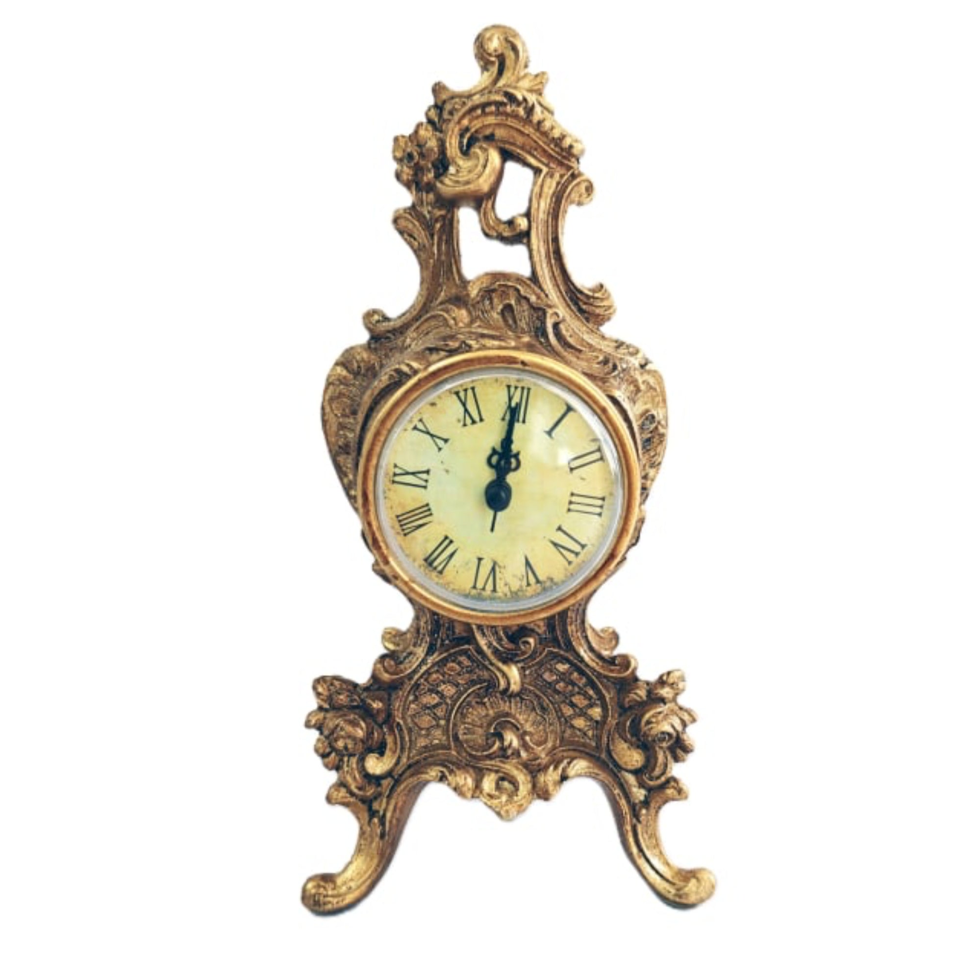 Decorative clock with gold and bronze ornate design on a white background