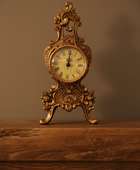 Decorative clock with Roman numerals on a wooden surface against a brown background