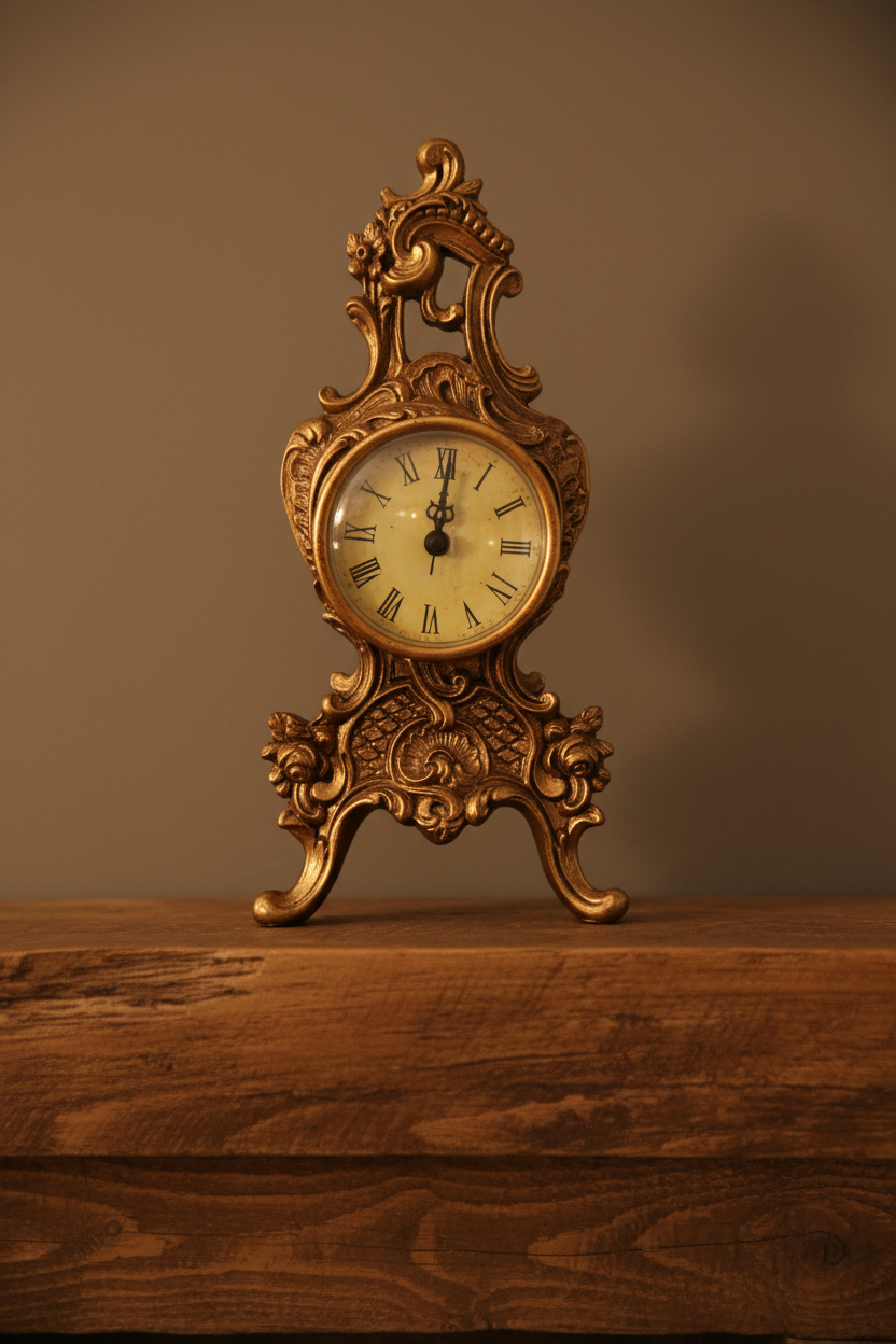 Decorative clock with Roman numerals on a wooden surface against a brown background