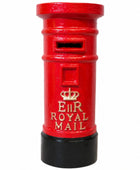 Red Royal Mail mailbox with gold lettering on a white background