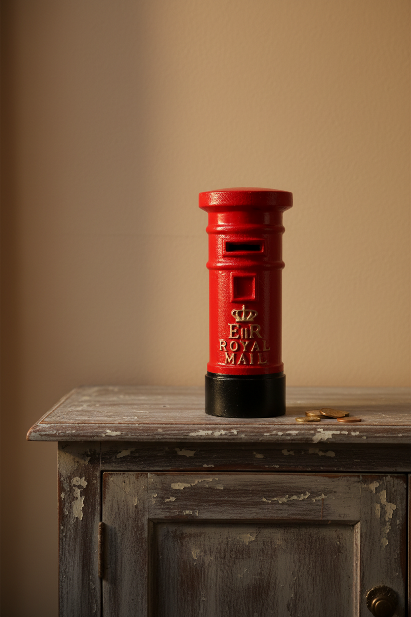 Red Royal Mail postbox on a wooden surface with a beige wall background