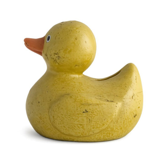 Yellow rubber duck on a white background