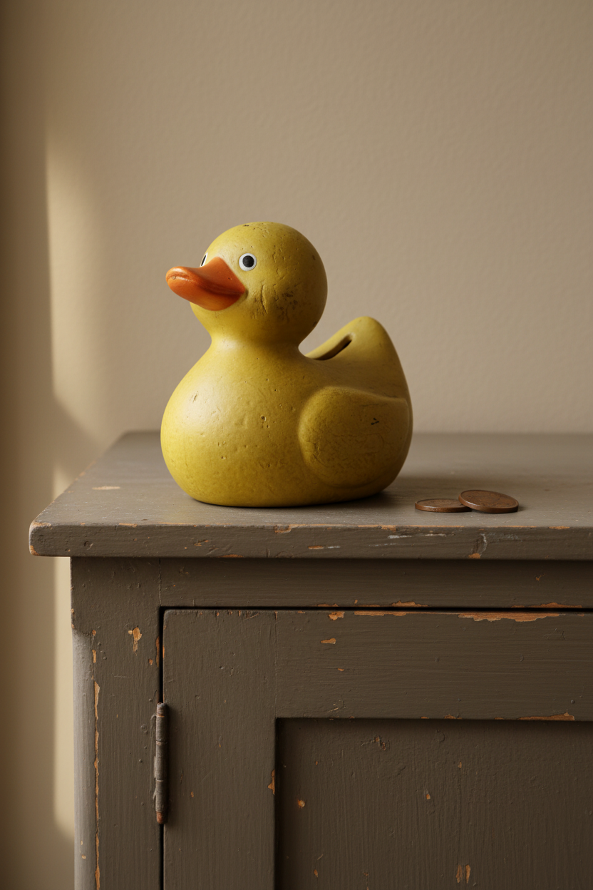 Yellow rubber duck on a wooden surface with a neutral background