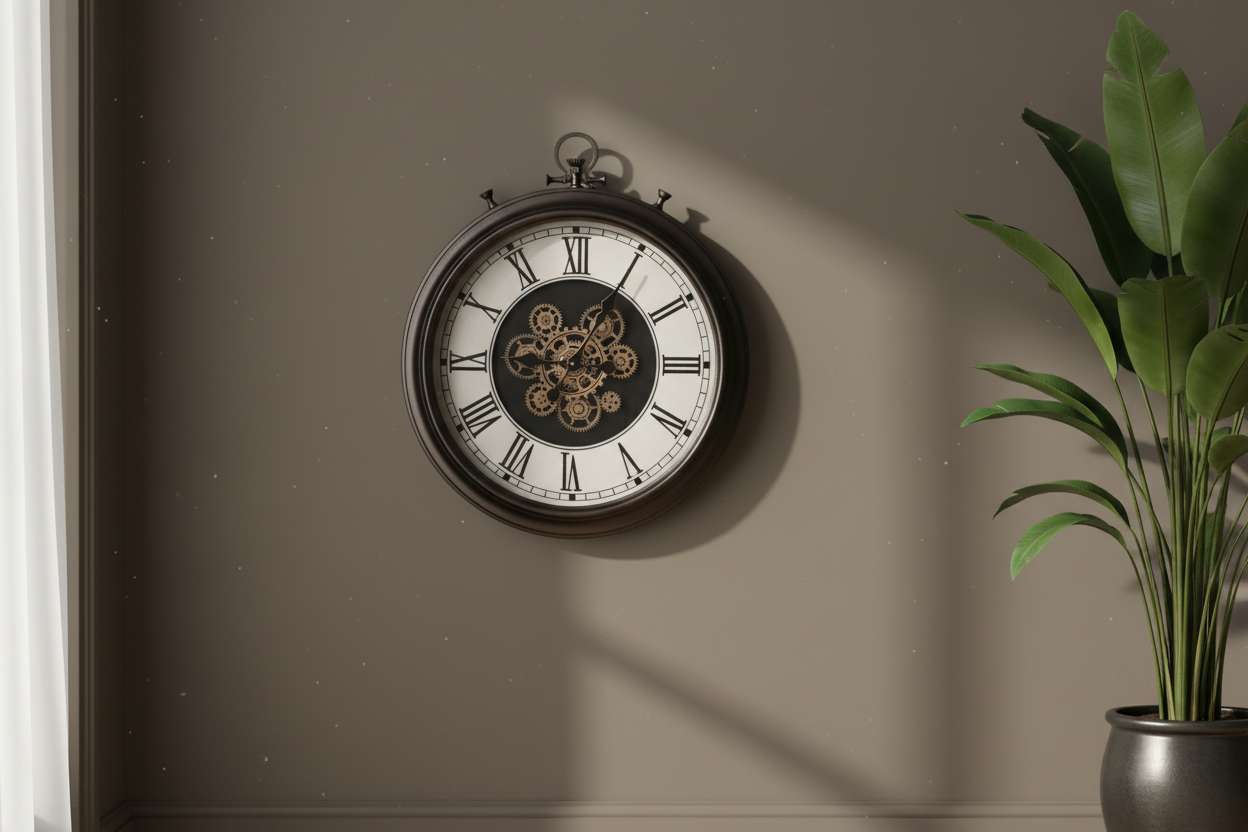 Decorative wall clock with Roman numerals on a brown wall, next to a potted plant.