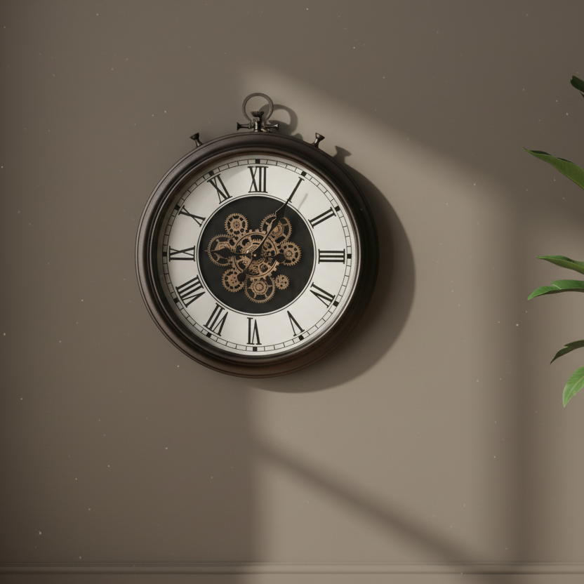 Vintage-style clock with mechanical details on a beige wall