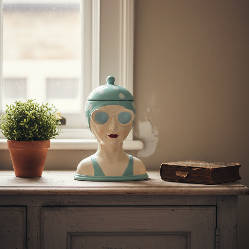 Decorative head sculpture with a blue hat on a wooden surface next to a plant and book.