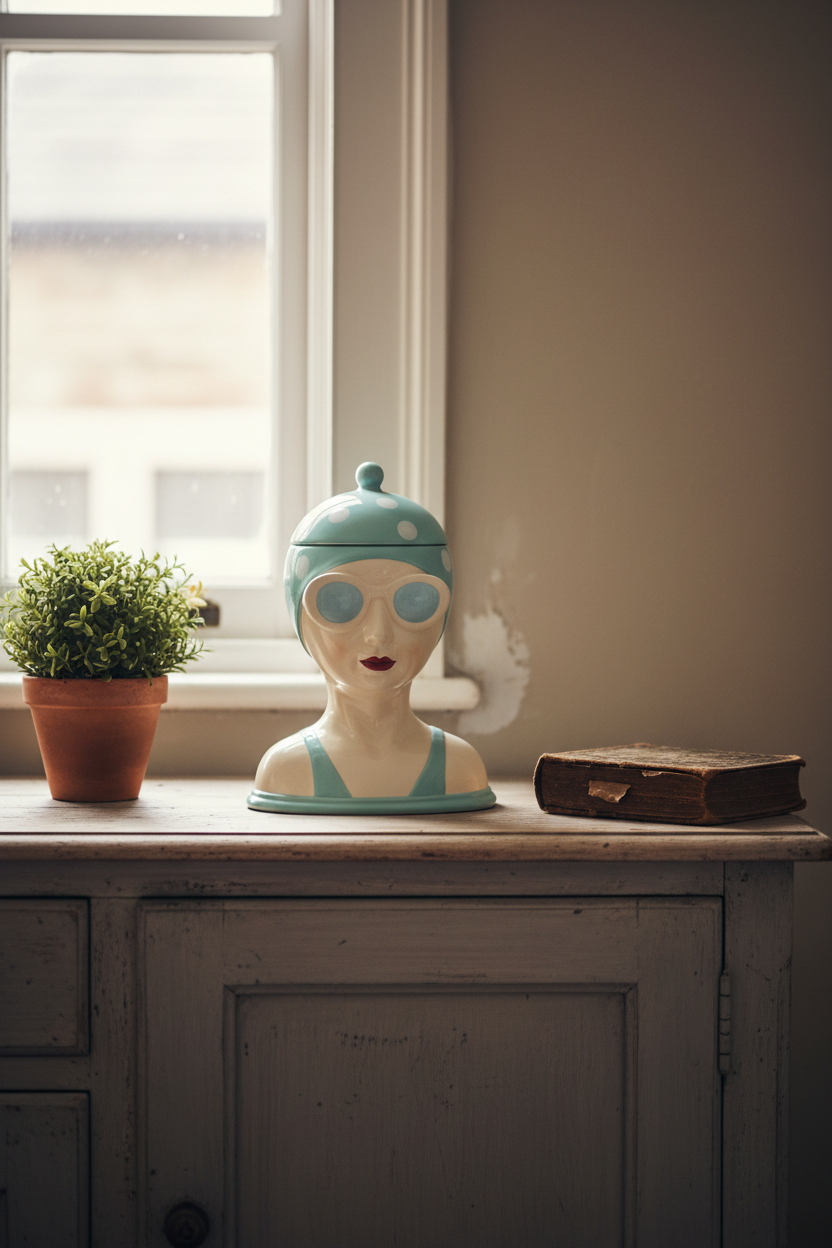Decorative head with goggles on a wooden surface near a window