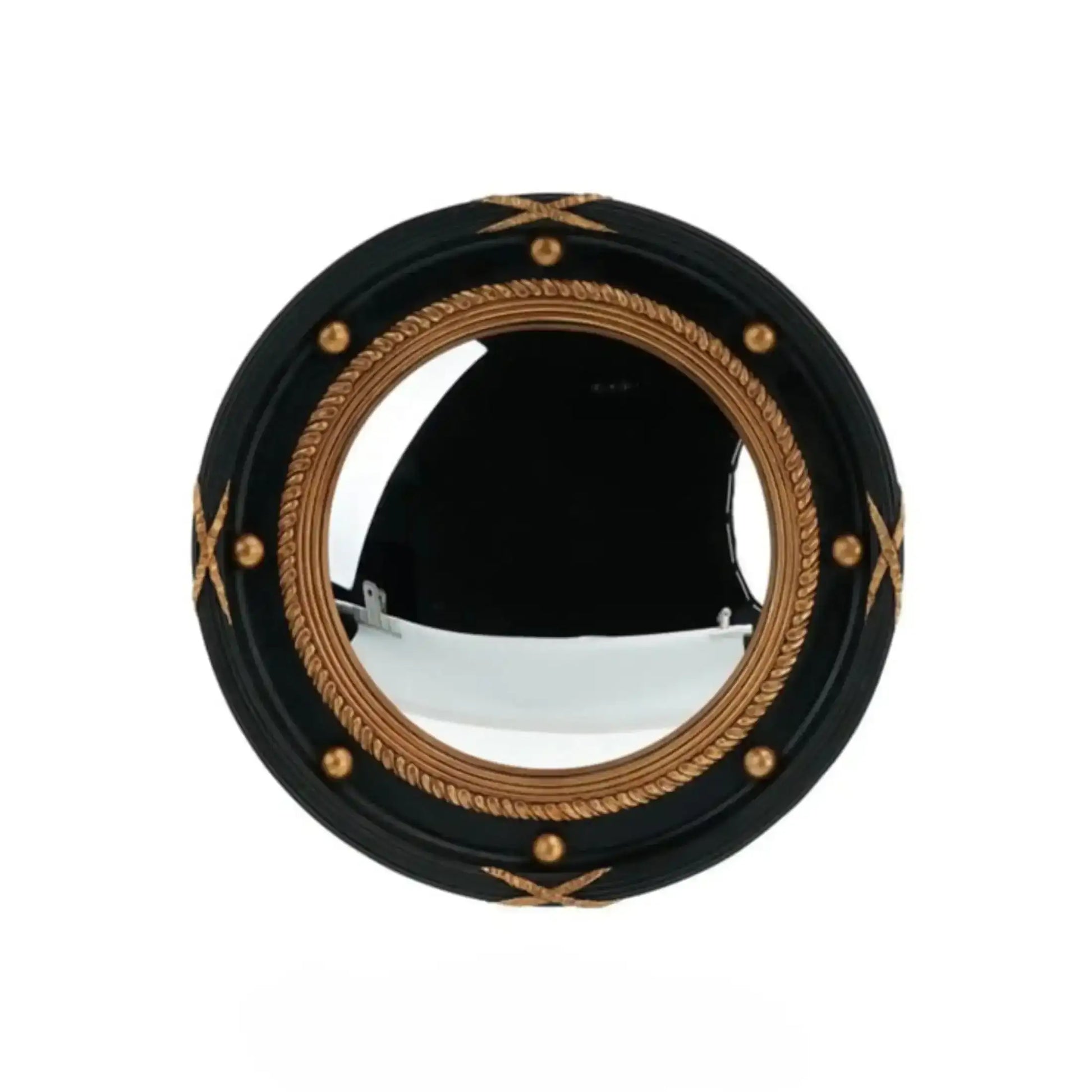 Round mirror with black frame and gold decorative elements on a white background