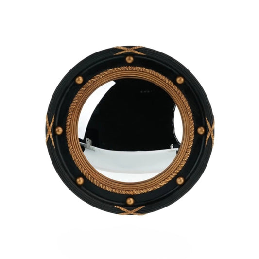 Round mirror with black frame and gold decorative elements on a white background