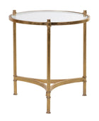 Round glass table with gold metal frame on a white background