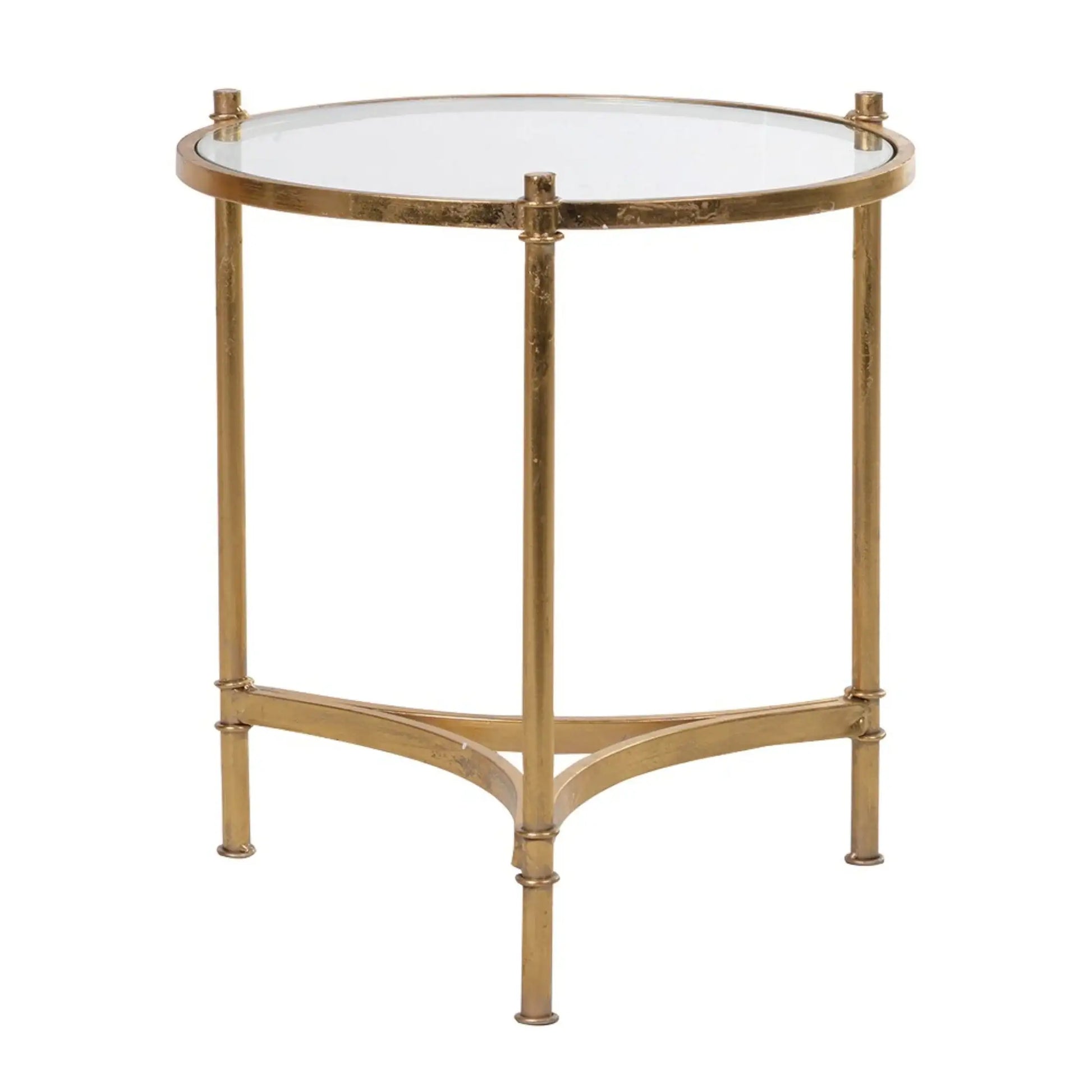 Round glass table with gold metal frame on a white background