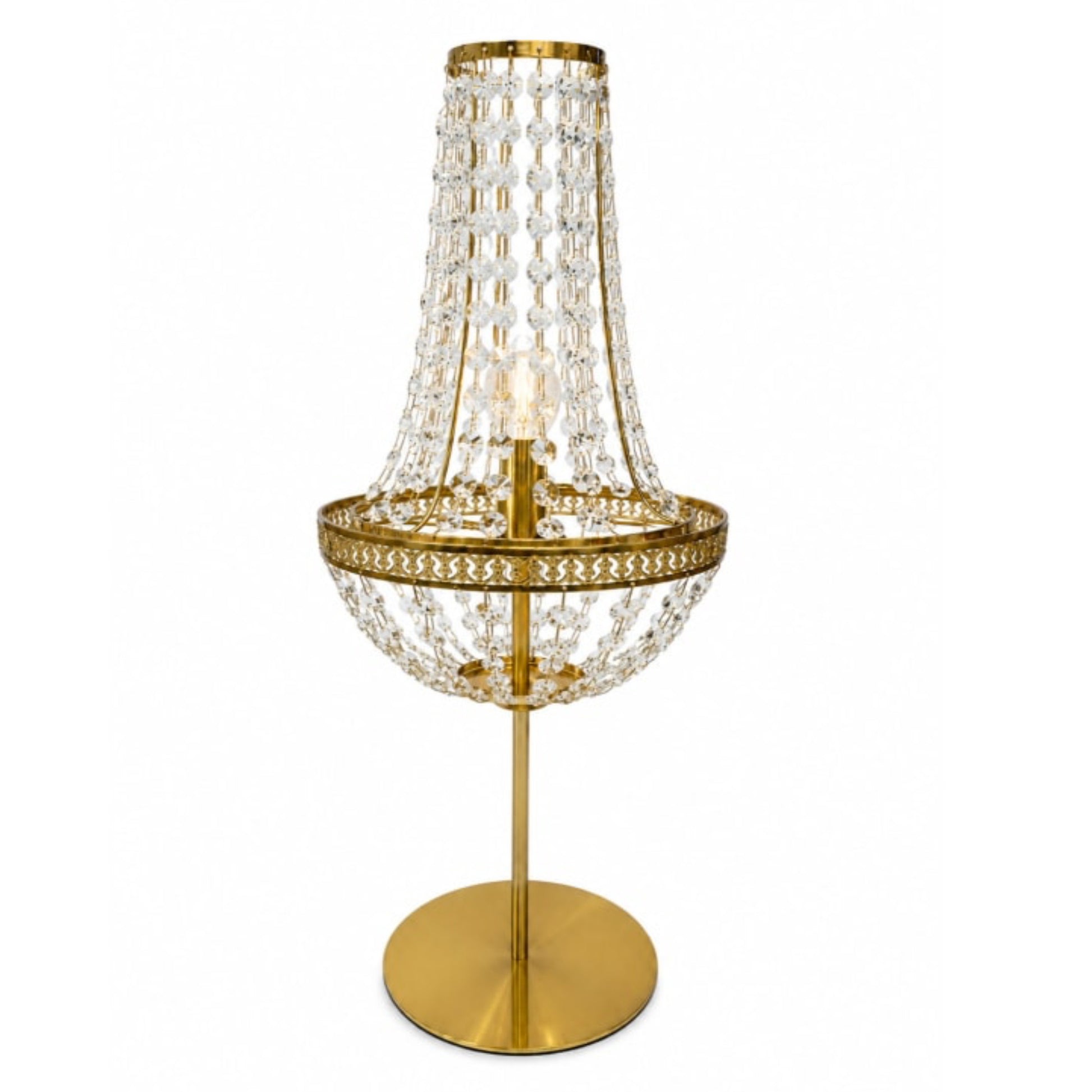 A gold-finished table lamp with a tiered crystal chandelier shade and a round crystal bowl on a matching circular base, shown against a plain white background.