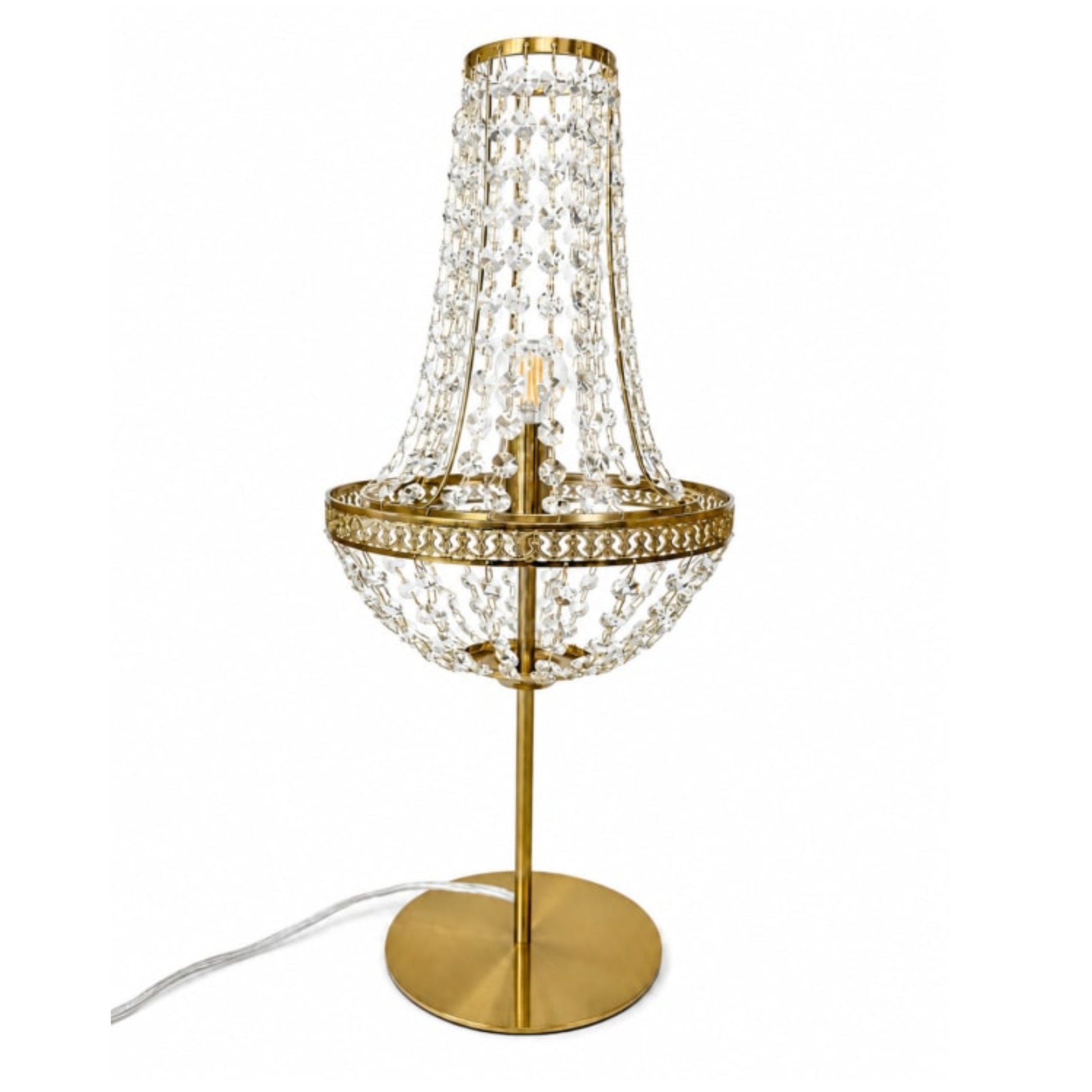 A gold-finished table lamp with a crystal bead chandelier-style shade, a circular crystal bowl, and a round base on a white background.
