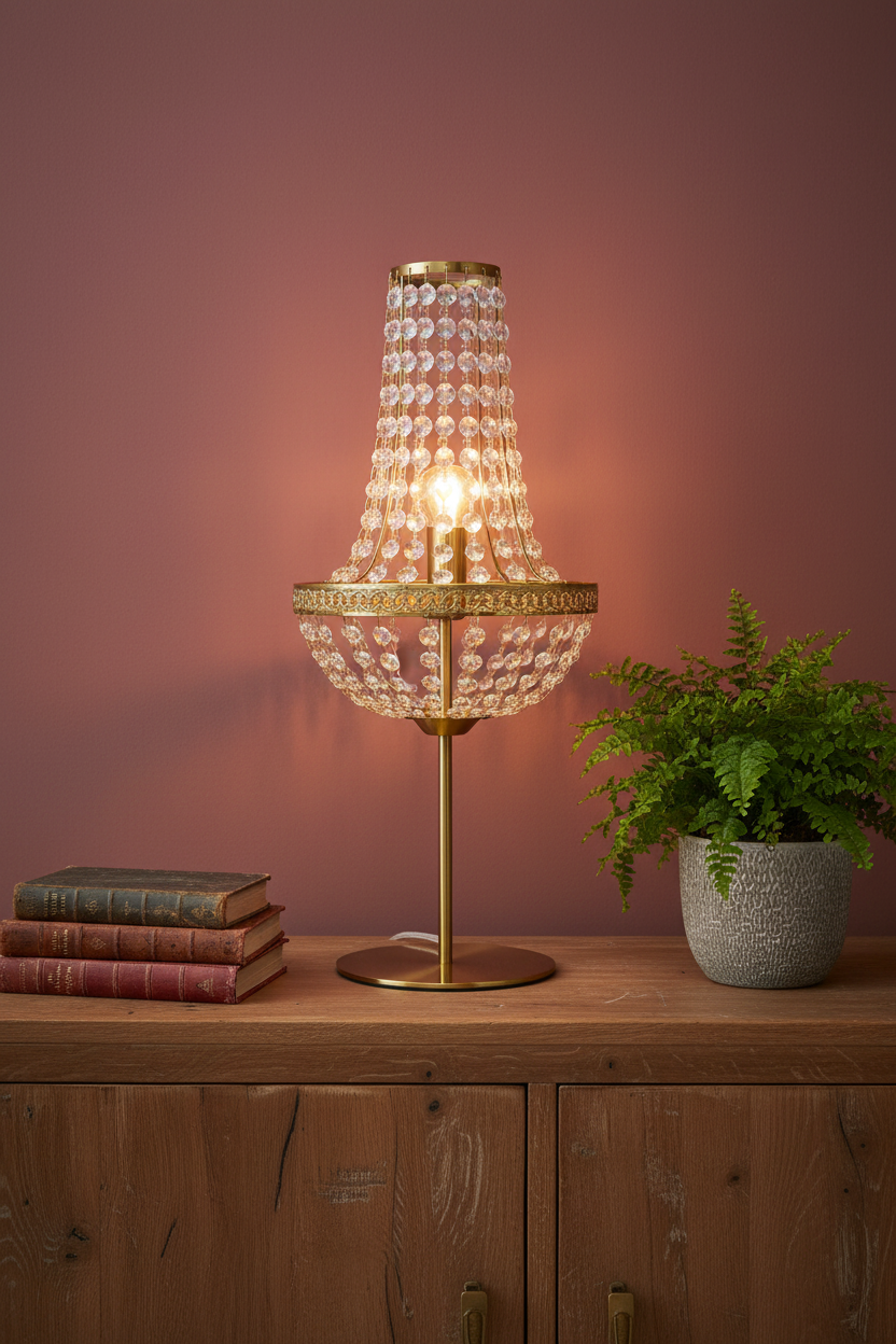 A table lamp with a gold brass stand and a clear crystal prisme shade, glowing with a warm light. It is styled on a wooden cabinet next to a potted fern and a stack of books against a dusty rose wall.