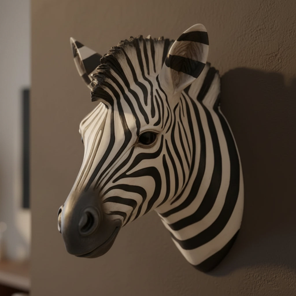 Zebra head sculpture on a wall
