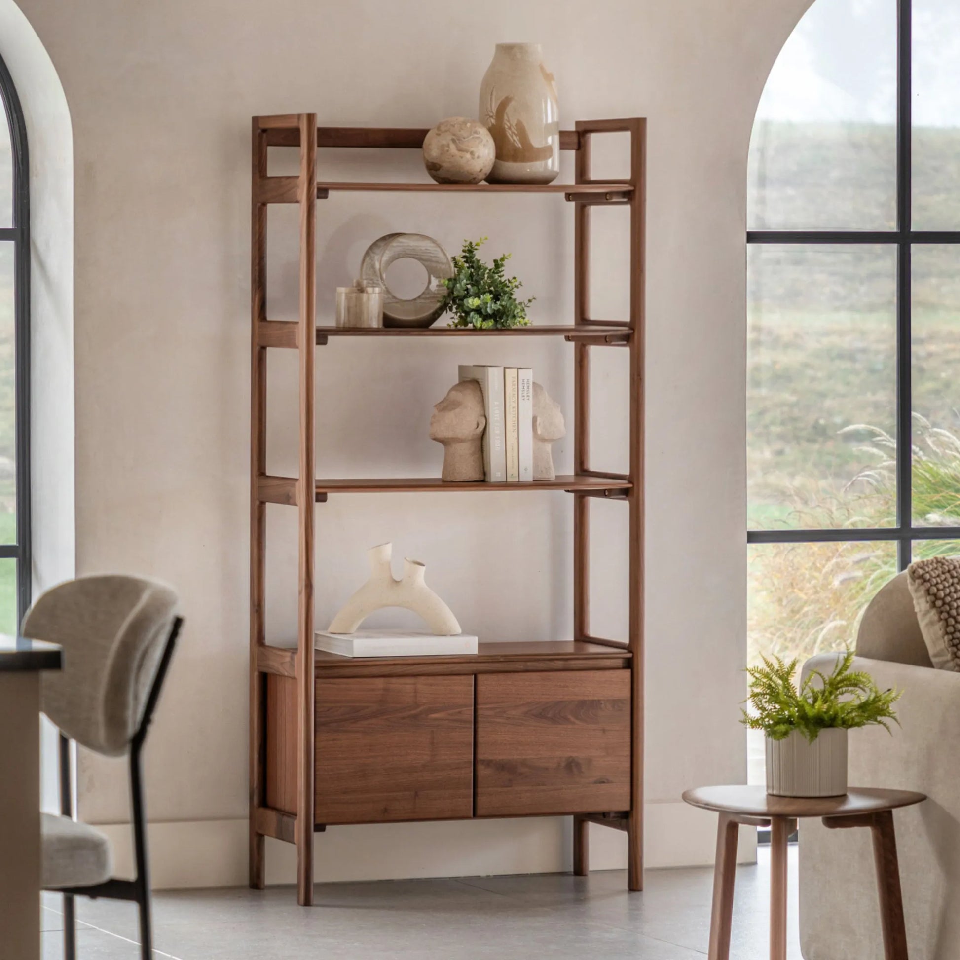 Walnut Open Display Shelf Unit with Cupboard | Farthing 