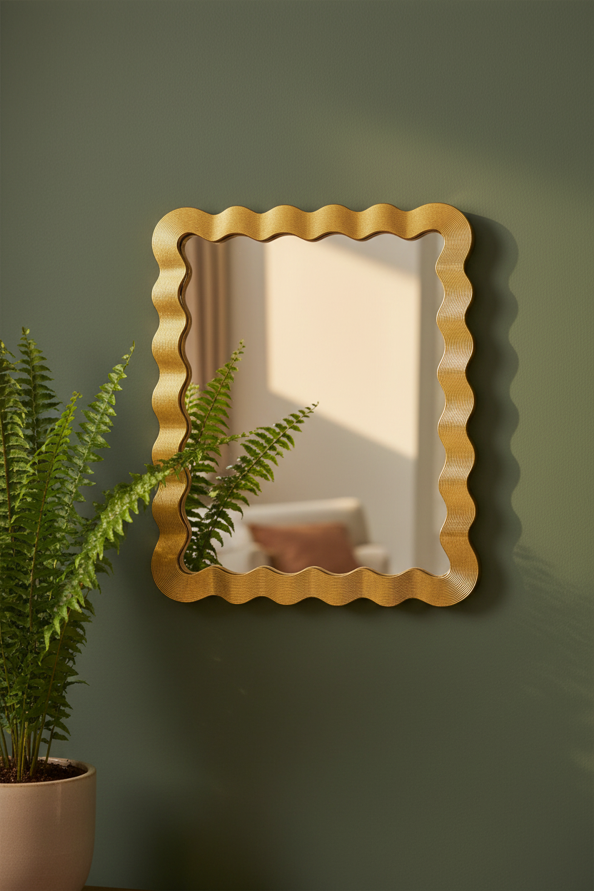 Gold-framed mirror on a green wall with a plant to the left.