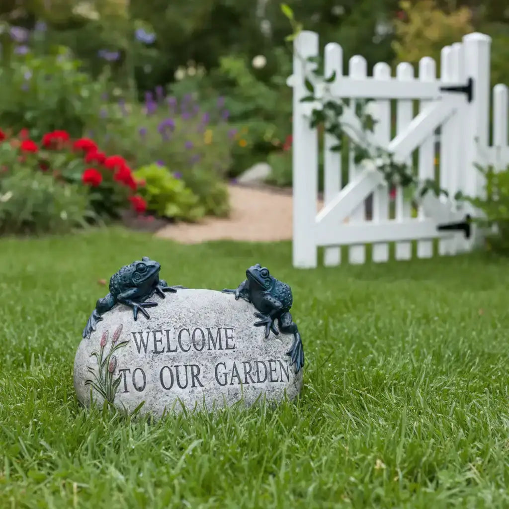 Decorative stone with frogs and 'Welcome to Our Garden' text in a garden setting with flowers and a white picket fence.