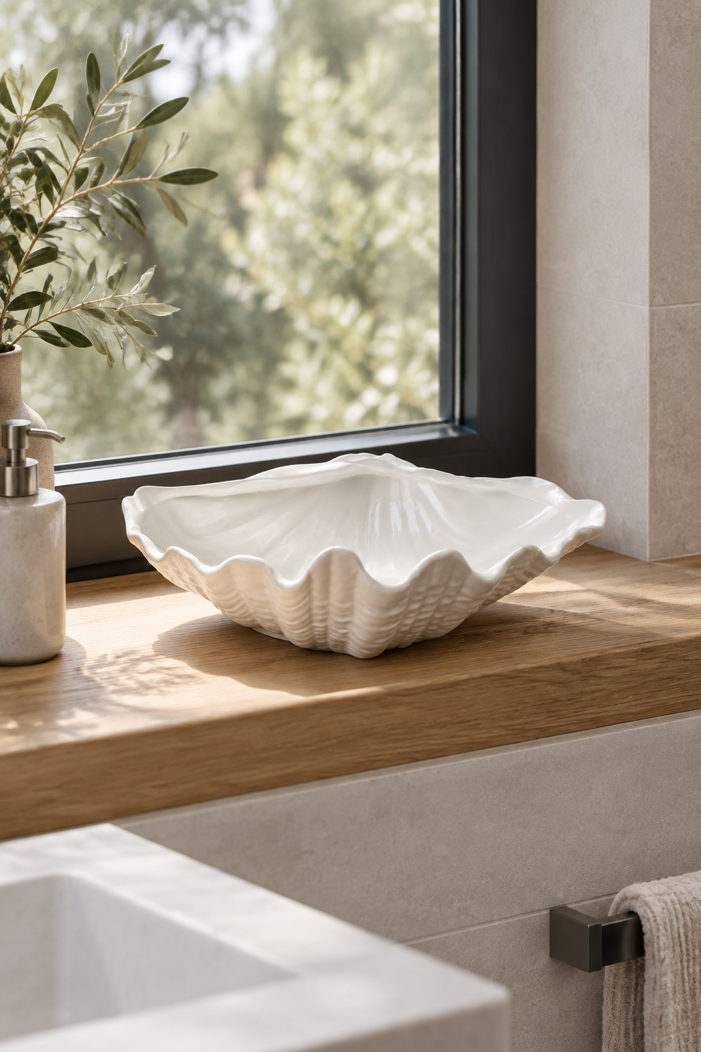 A white ceramic shell-shaped vessel with a textured, ribbed exterior sits on a wooden window sill in a modern bathroom setting.