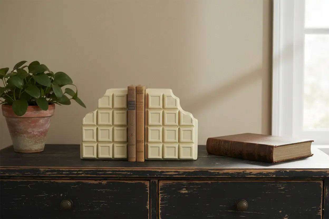 Decorative bookends shaped like white chocolate bars on a wooden surface with books and a plant.