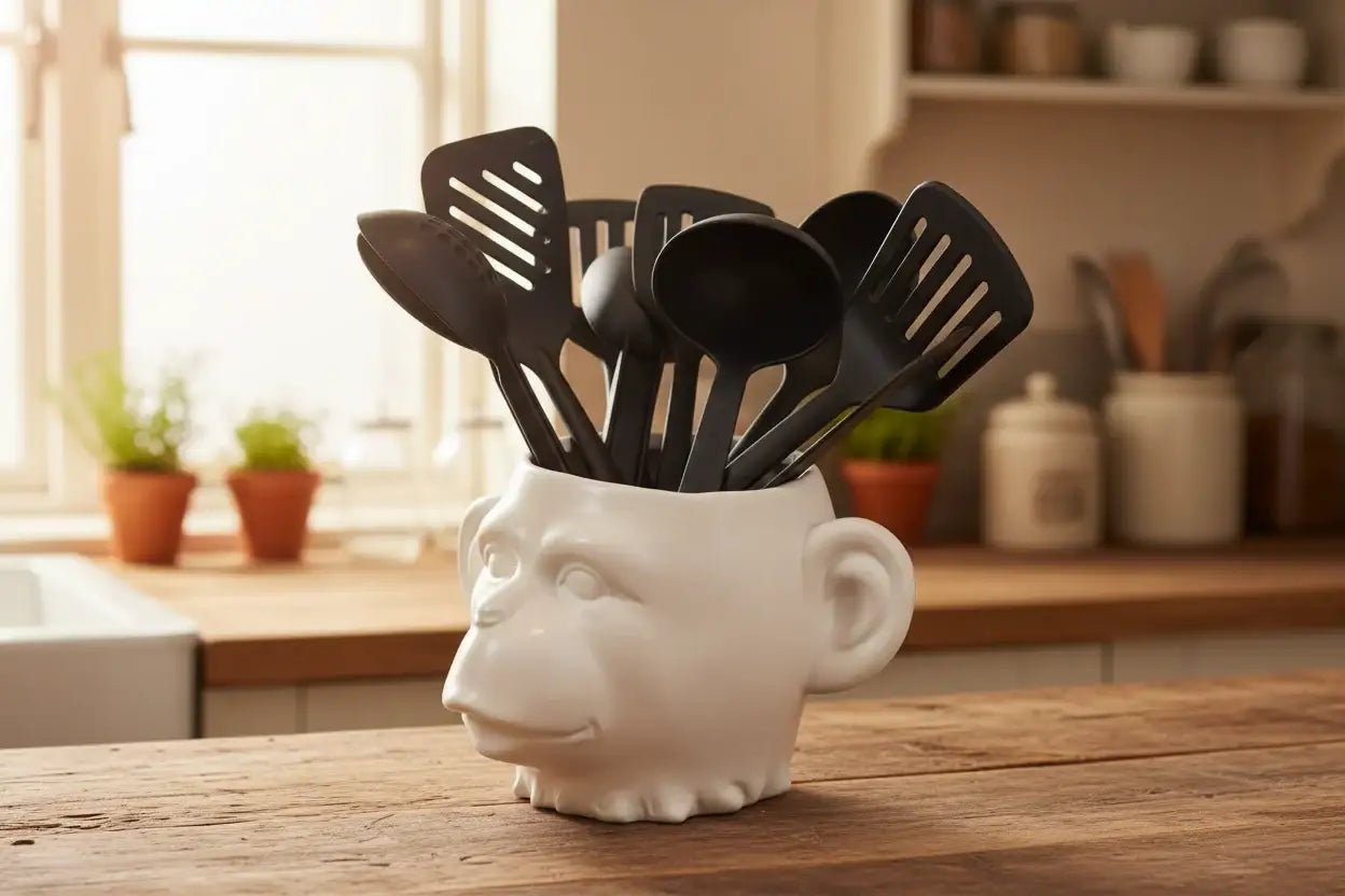 White ceramic container with black kitchen utensils on a wooden surface in a kitchen setting.