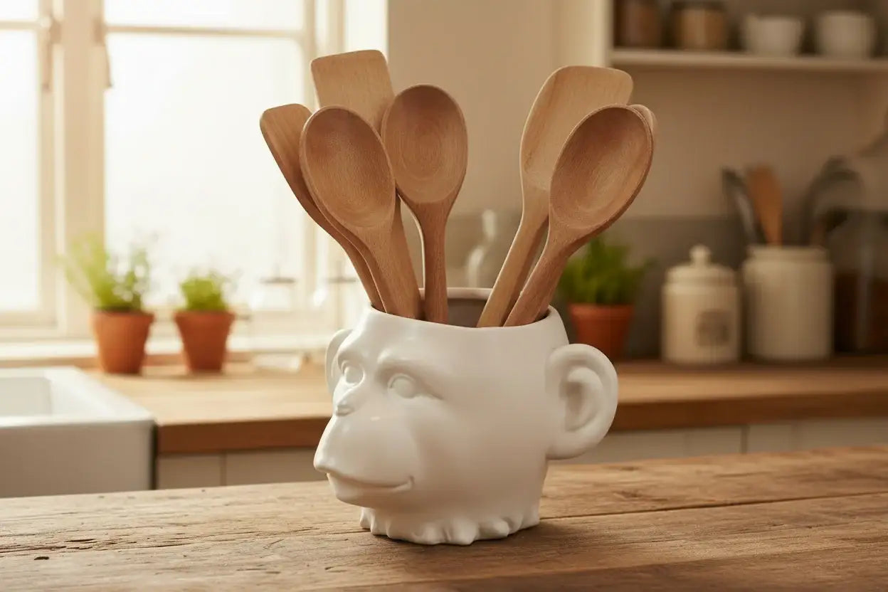 White ceramic container with wooden spoons on a kitchen counter