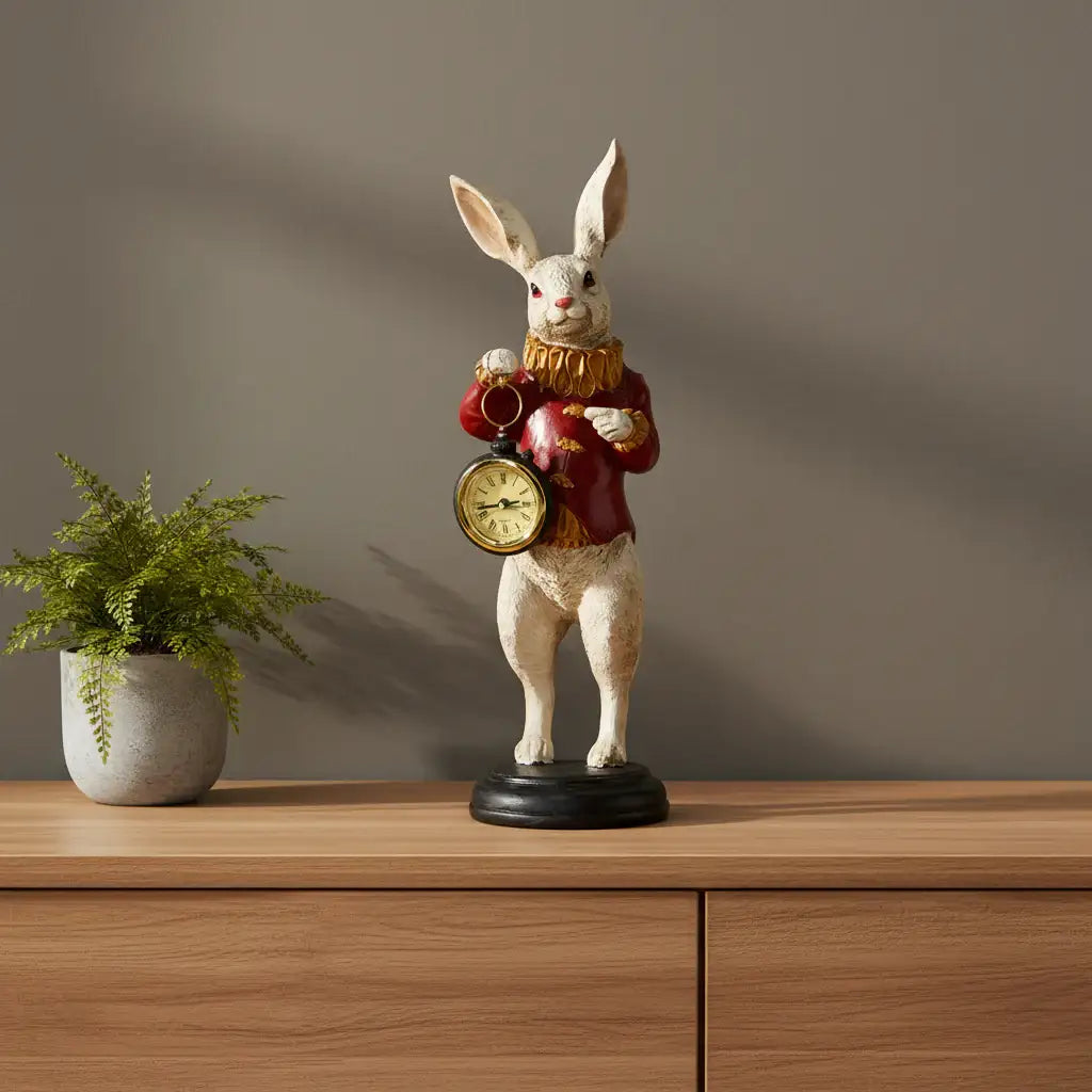 Decorative rabbit figurine with a clock on a wooden surface next to a plant.