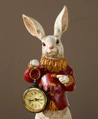 Decorative figurine of a rabbit holding a pocket watch against a brown background