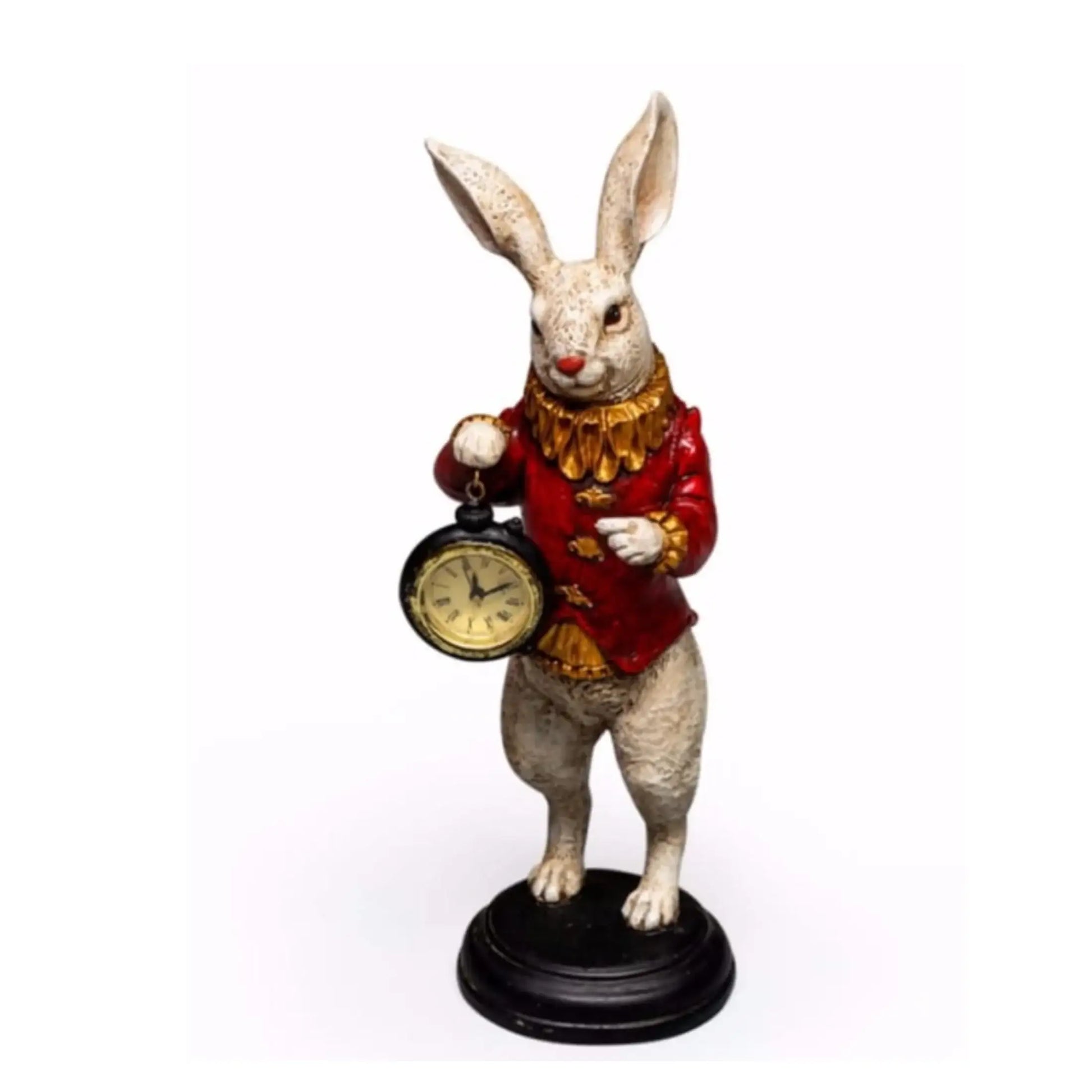 Decorative figurine of a rabbit in a red coat holding a clock on a white background