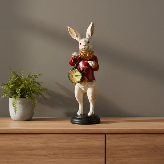 Decorative rabbit figurine with a clock on a wooden surface next to a plant.
