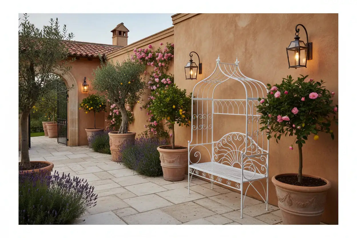 Patio with decorative white bench, potted plants, and a building in the background