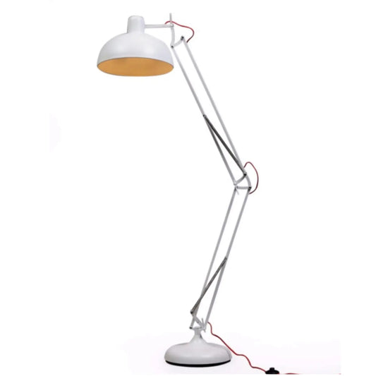 White floor lamp with a long adjustable arm on a white background