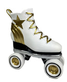 White roller skate with gold accents on a white background