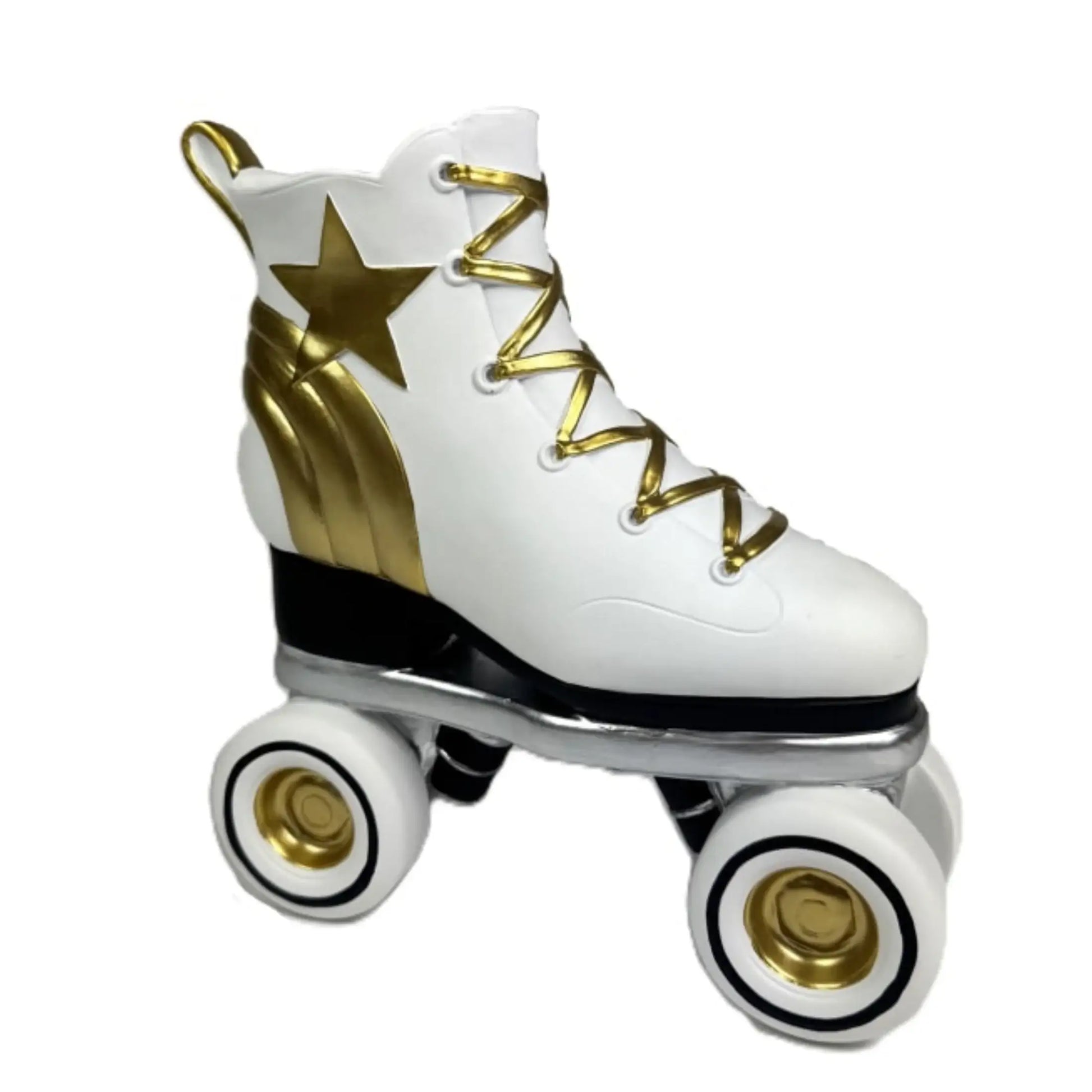 White roller skate with gold accents on a white background