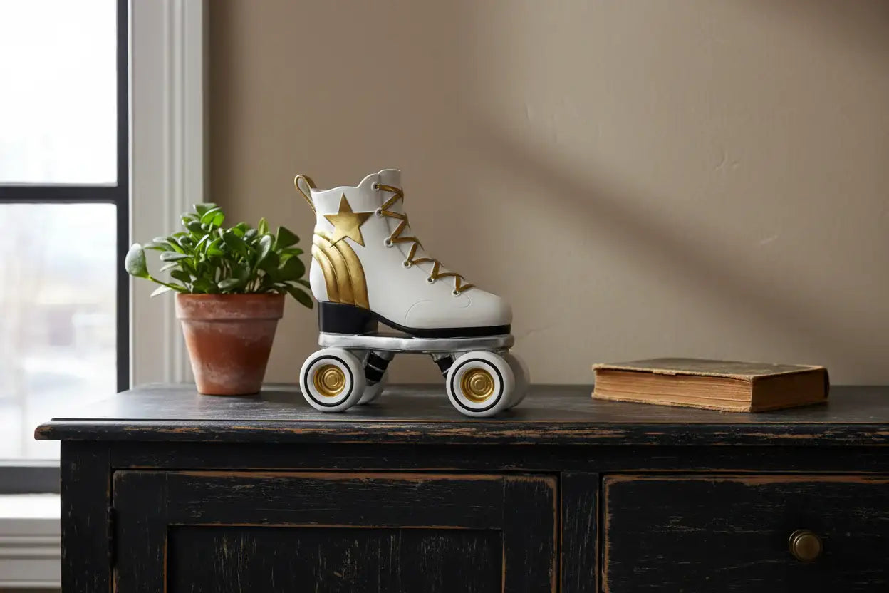 White roller skate with gold accents on a wooden surface next to a plant and book.
