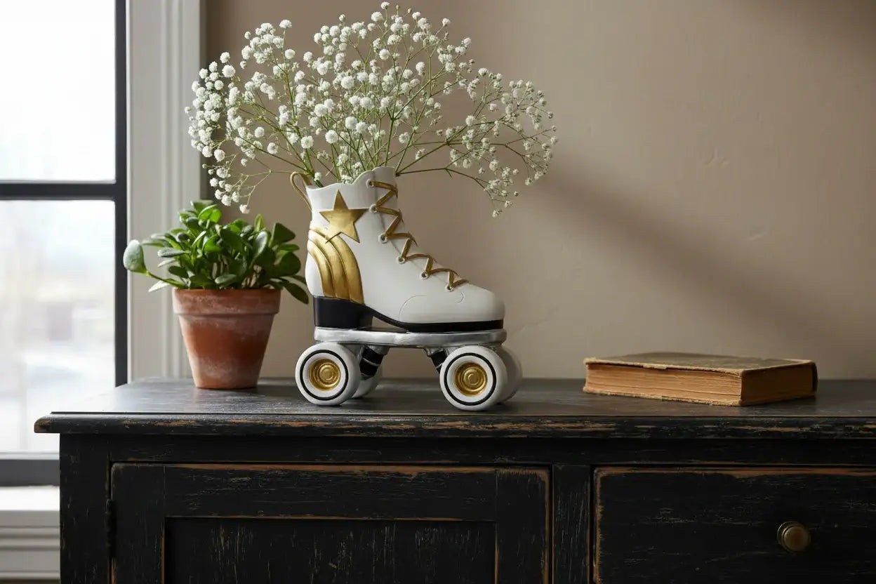 Decorative roller skate with a plant and book on a wooden surface