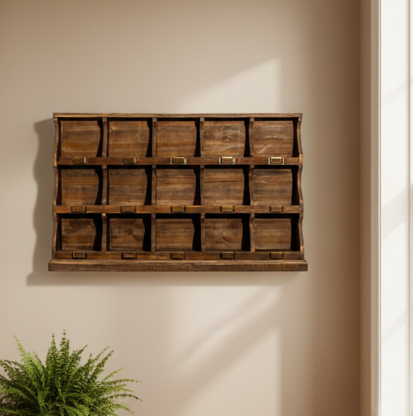 RUSTIC WOODEN "ARUNDEL" 15 PIGEON-HOLE WALL STORAGE UNIT
