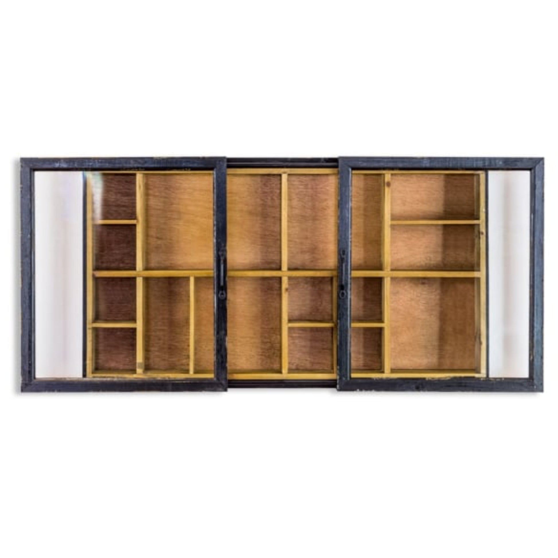 Wooden window with black frame on a white background