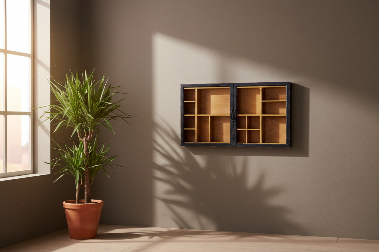 Wooden shelf with glass doors against a wall with a potted plant nearby.