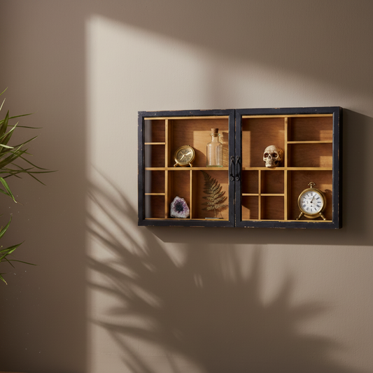 Wooden display cabinet with decorative items on a wall